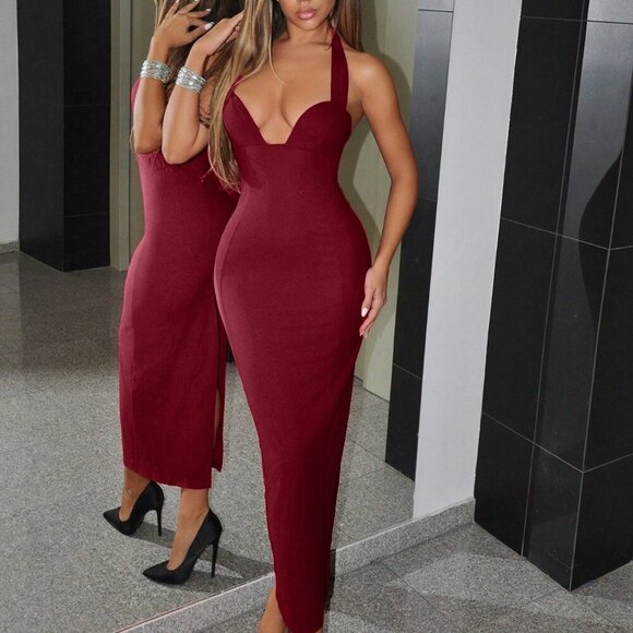 Burgundy Elegant Women's Slim Fit Cut-Out Neck Sleeveless maxi Dress - Picture 1 of 5